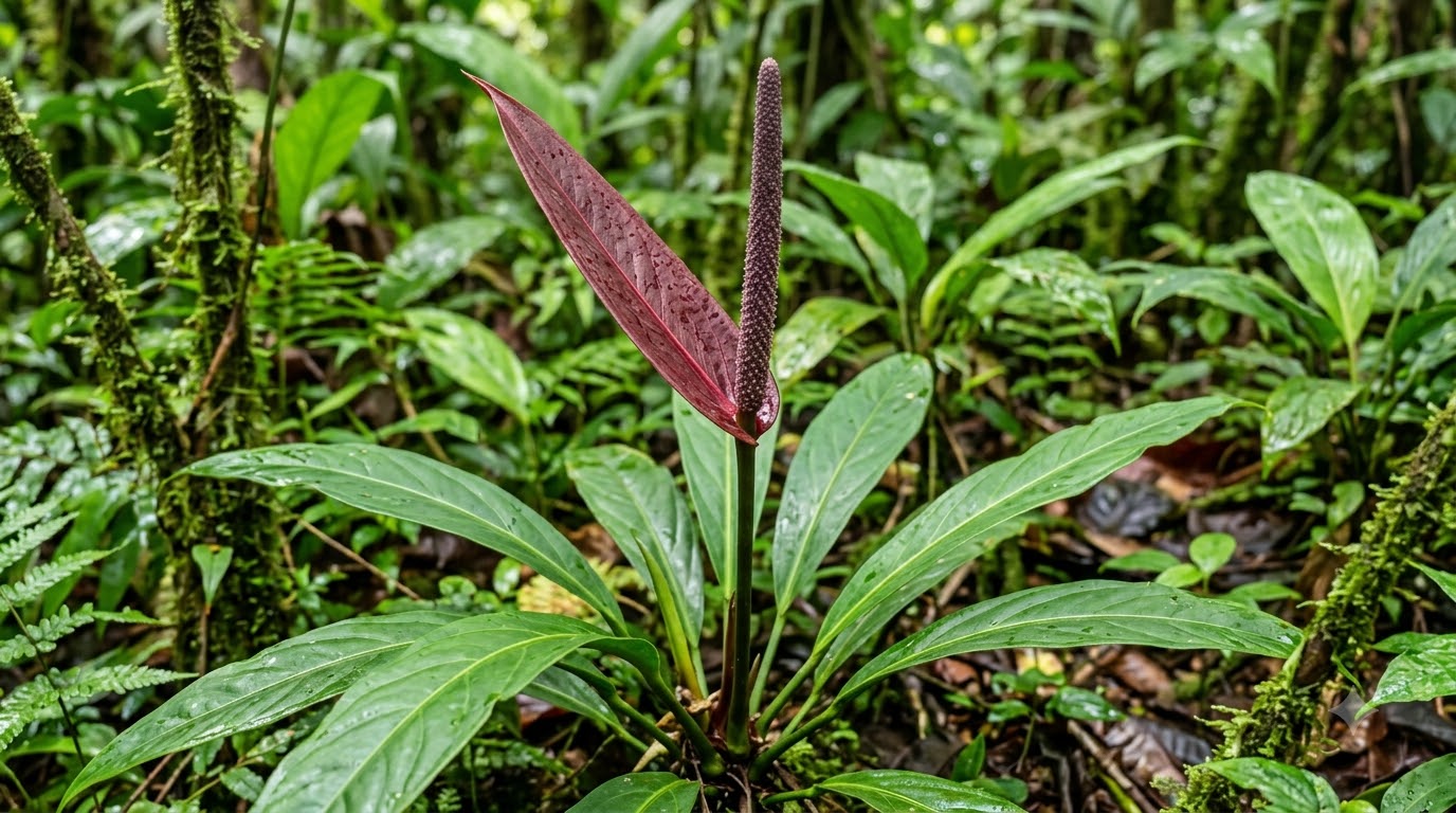 Anthurium angustilaminatum plant with a purple spadix and spathe in a lush rainforest.