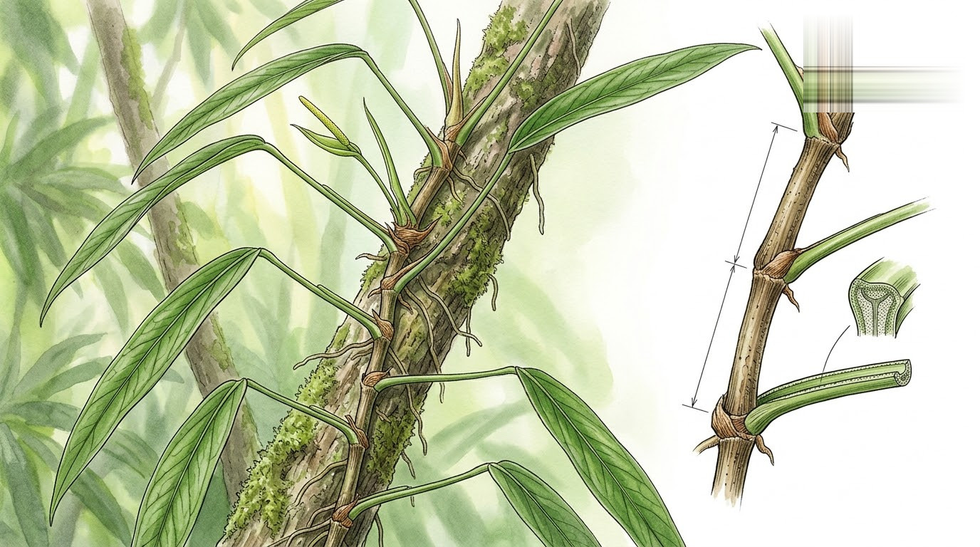 Botanical illustration of Anthurium angustispadix growing on a mossy tree trunk, with a detailed stem diagram.