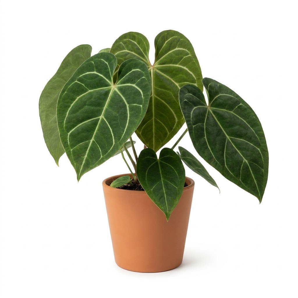 Anthurium consobrinum plant in a terracotta pot with large, velvety green leaves and prominent white veins against a white