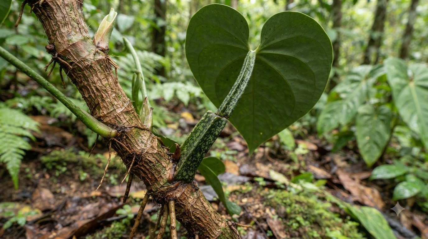 Close-up of Anthurium antonioanum petiole and heart-shaped leaf attached to a textured woody stem in a forest.