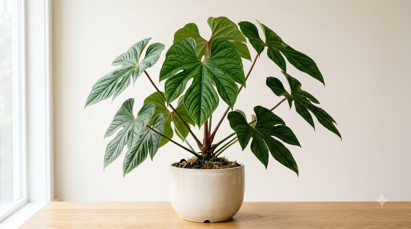 Anthurium arandae plant with deeply lobed green leaves in a white pot on a wooden table.