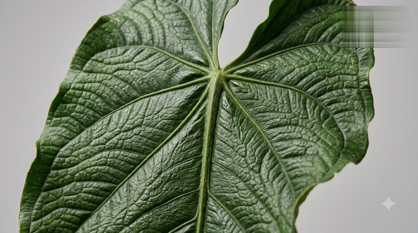 Close-up of an Anthurium arandae leaf showing prominent veins and textured surface.