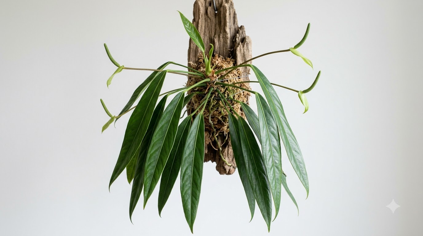 Anthurium archilae plant mounted and growing on a piece of wood against a white background.