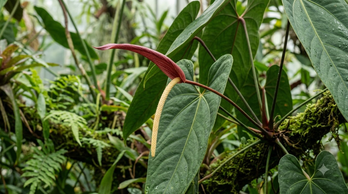 Anthurium archilae inflorescence with a narrow red spathe and a protruding yellow spadix among large green leaves.
