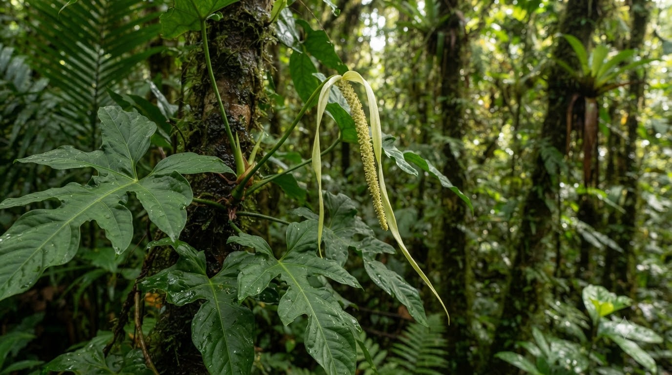 Anthurium arcuatum inflorescence attached to a mossy tree trunk in a lush rainforest.