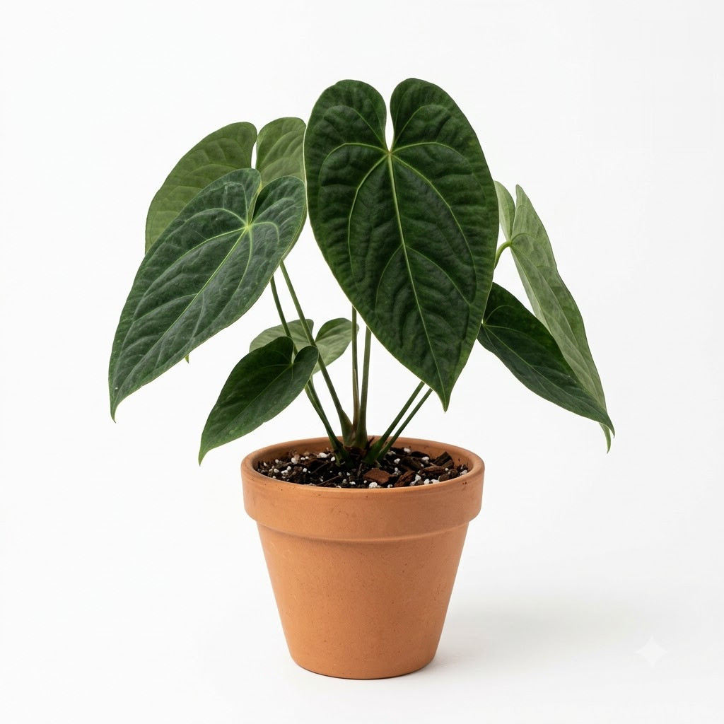 Potted Anthurium atroviride with dark green, velvety leaves in a terracotta pot against a white background.