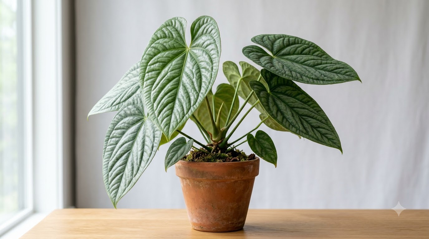 Anthurium argyrophyllum with deeply veined, heart-shaped leaves in a terracotta pot on a wooden table.