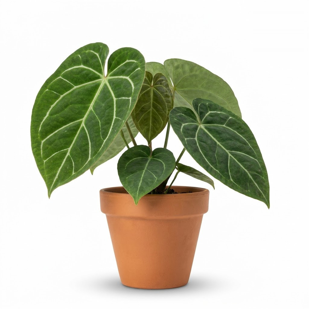 Anthurium coleorrhiza potted in a terracotta pot against a white background.