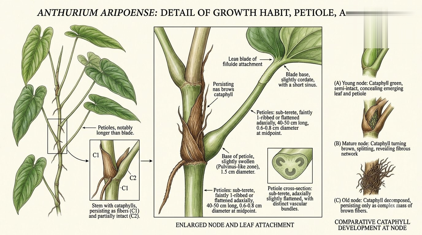 Botanical illustration detailing Anthurium aripoense growth habit, petiole, node anatomy, and cataphyll development.