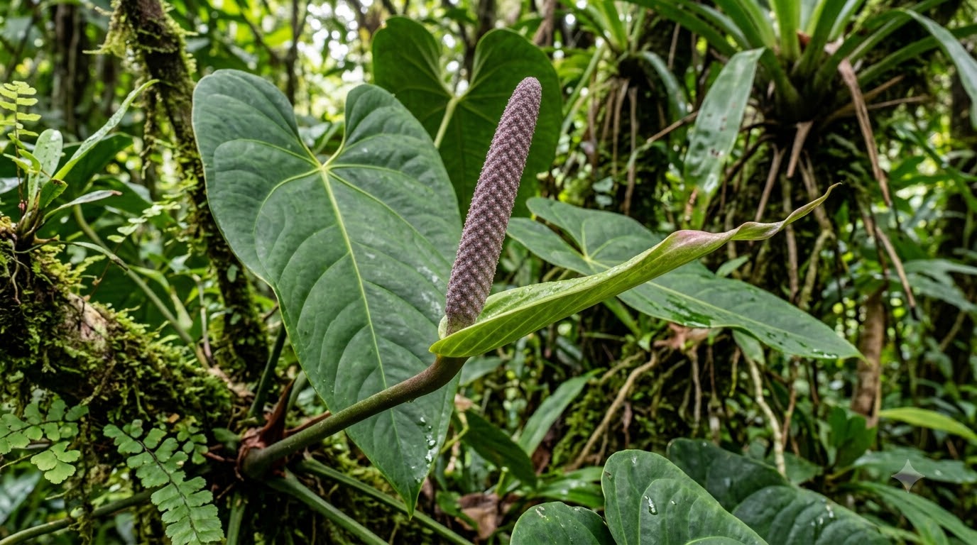 Anthurium aripoense inflorescence with a textured purple spadix and green leaves in a natural forest setting.