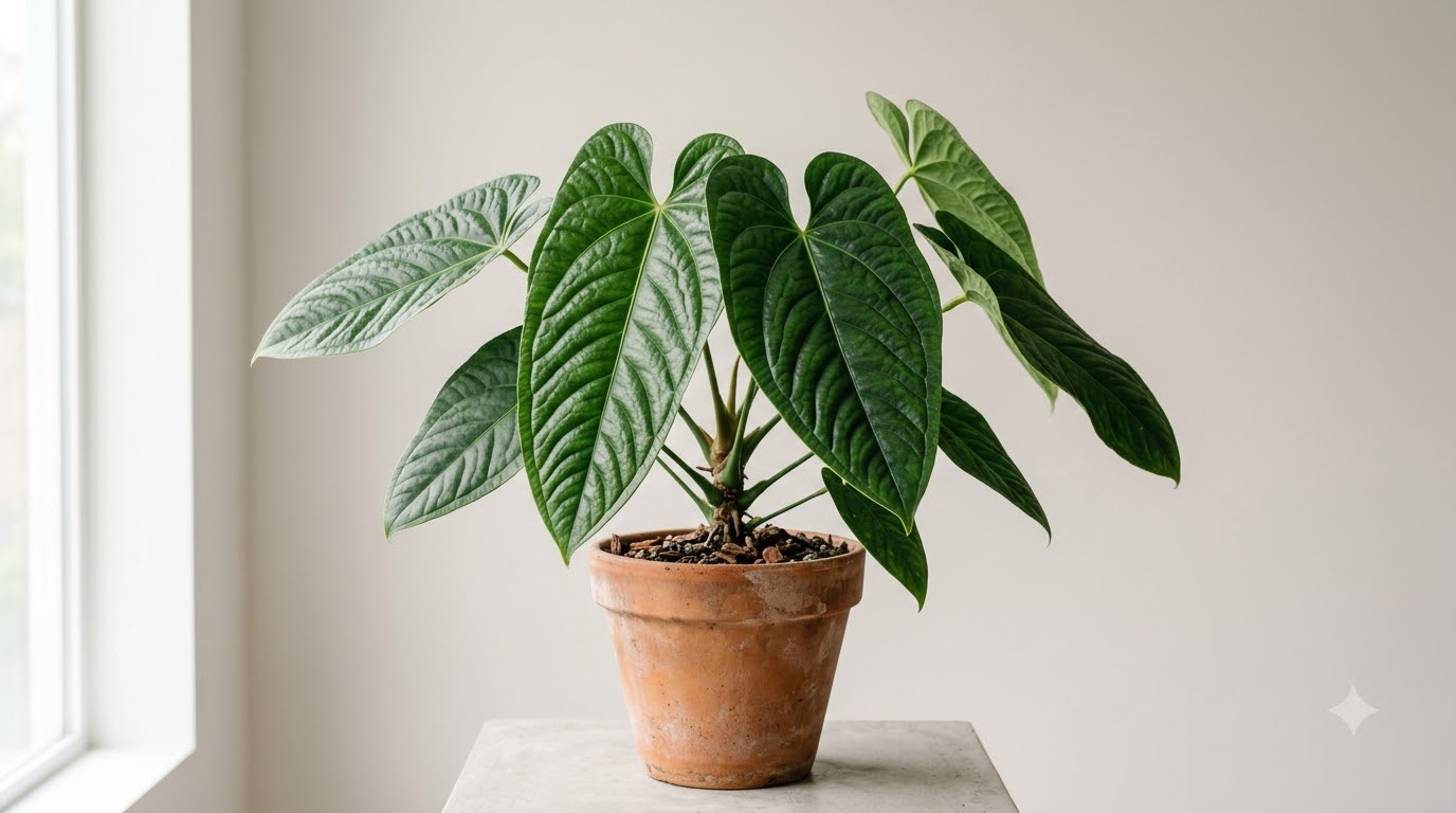 Anthurium armeniense with large heart-shaped, veined leaves potted in a terracotta pot on a surface.