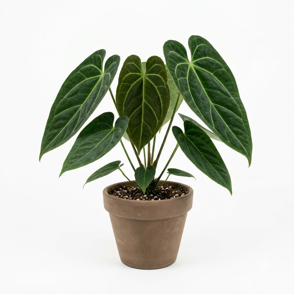 Anthurium bantanum in a potted pot with large, heart-shaped dark green leaves and prominent veins.