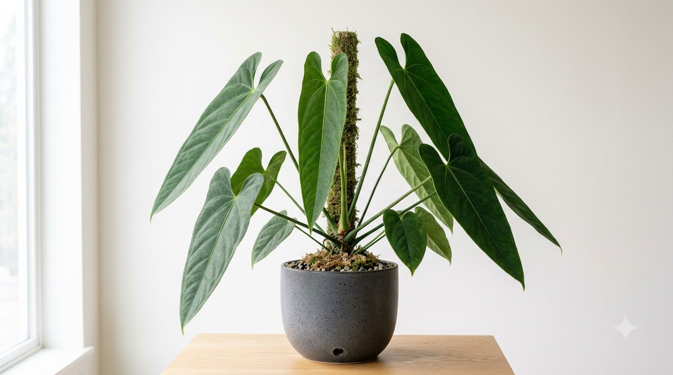 Anthurium aroense with large green leaves growing on a moss pole in a grey pot on a wooden table.