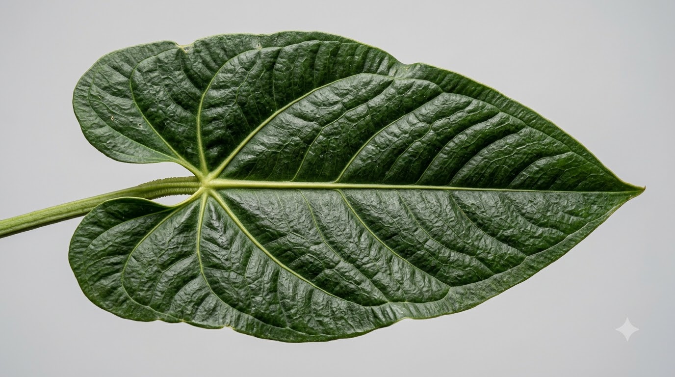 Close-up of a textured dark green Anthurium aroense leaf with prominent veins against a light background.