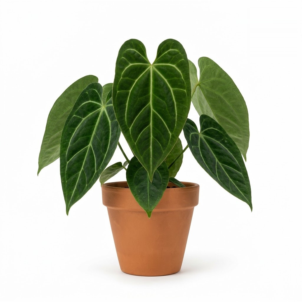 Anthurium aroense with prominent veined leaves in a terracotta pot against a white background.