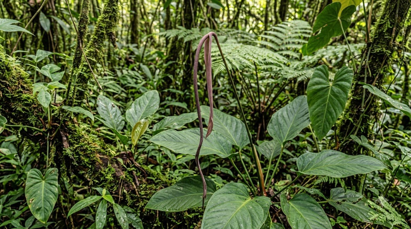 Anthurium asplundii inflorescence in its natural lush tropical forest habitat.