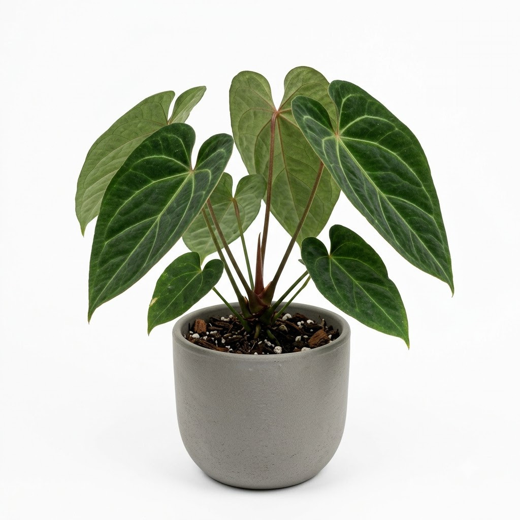 Anthurium atramentarium with heart-shaped, veined leaves in a grey pot.