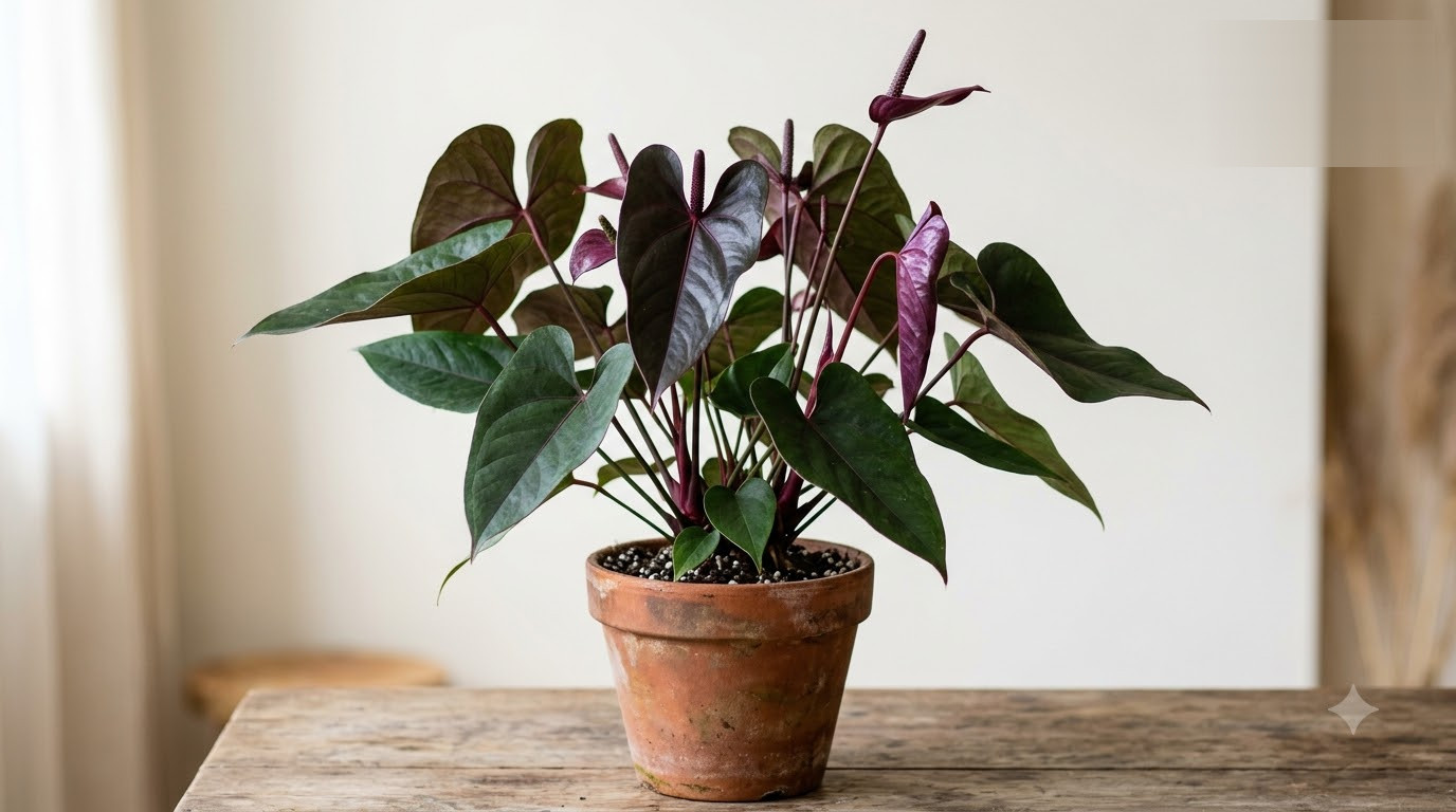 Anthurium atropurpureum potted in a terracotta pot on a wooden table.