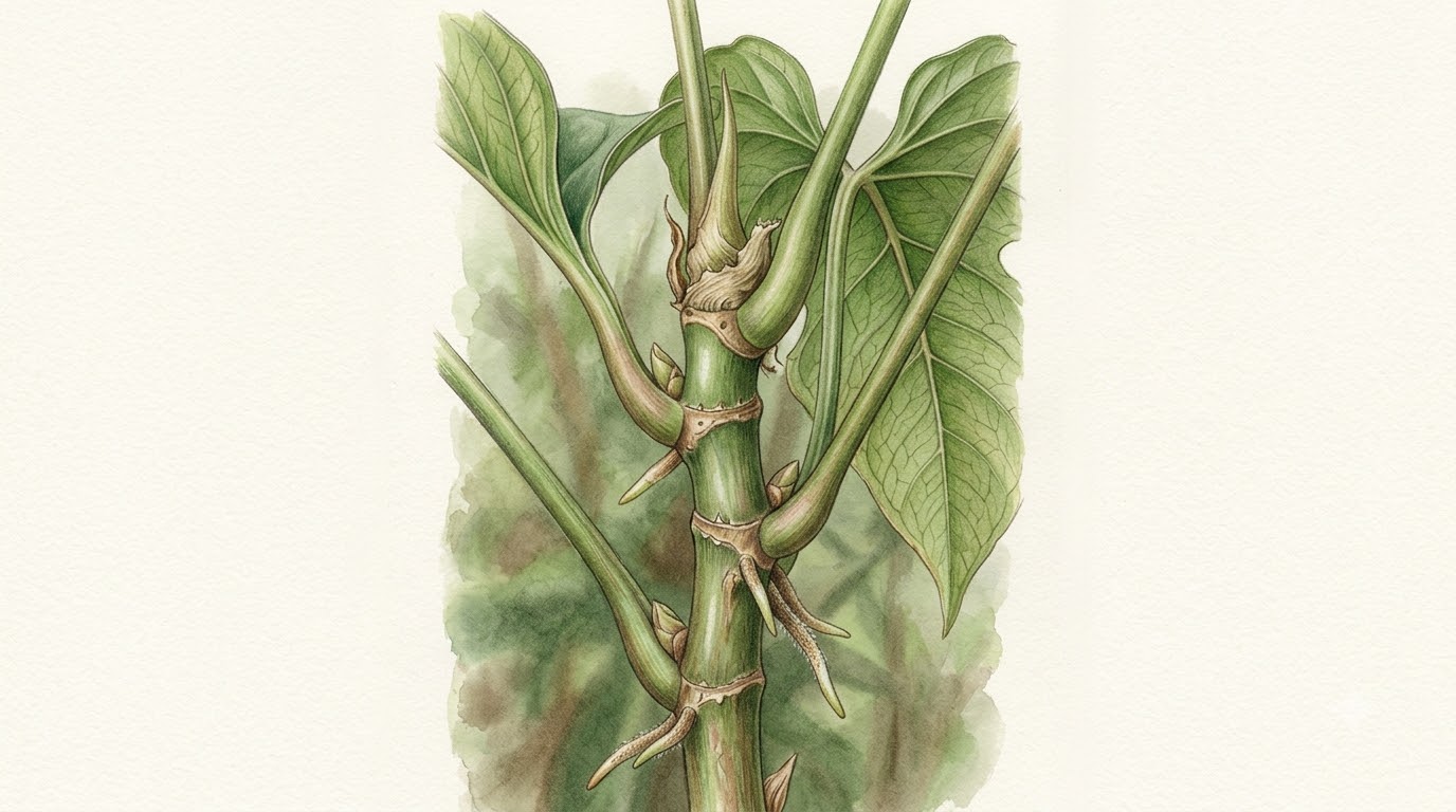 Botanical illustration of Anthurium auritum showing its distinct stem nodes, petioles, and growth habit.