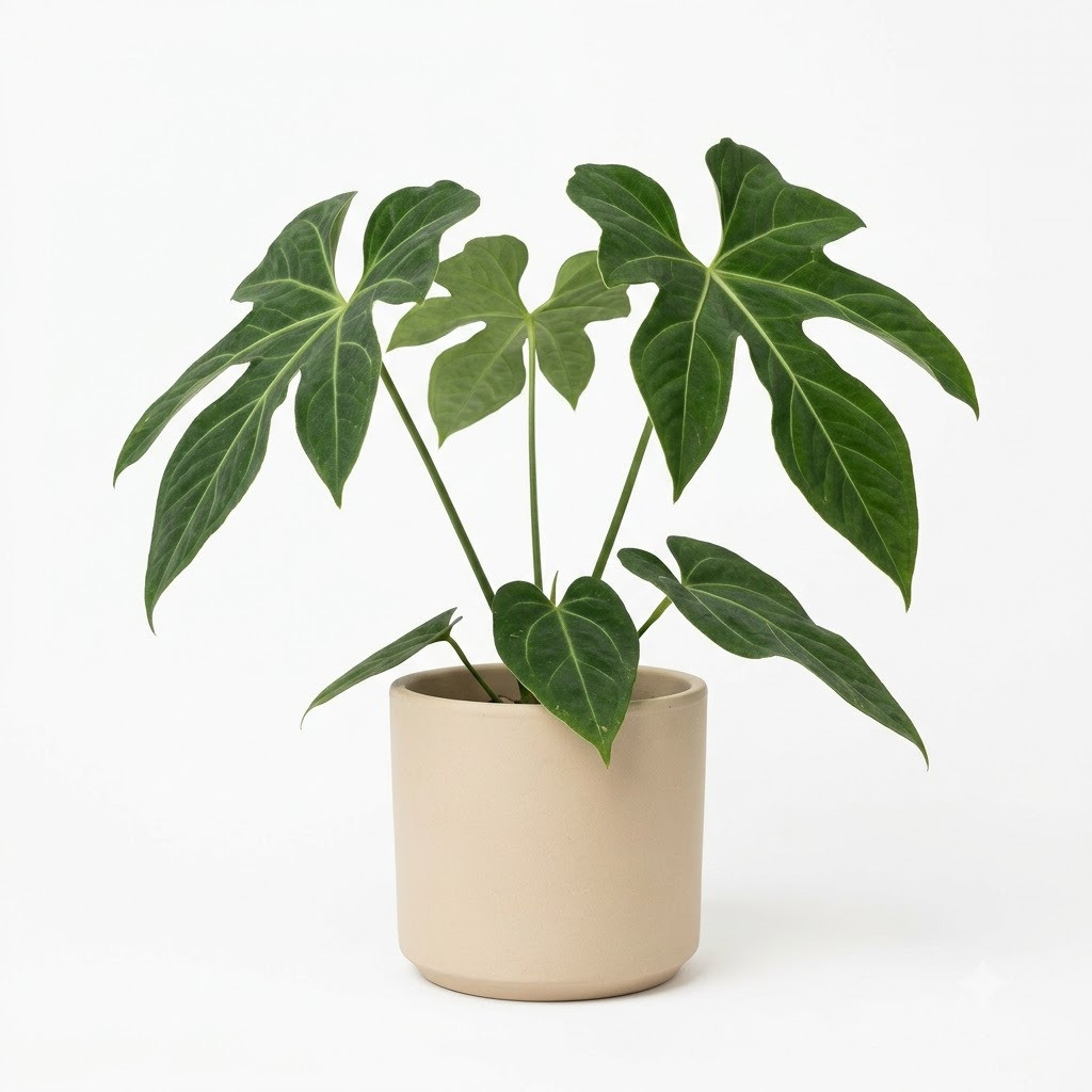 Anthurium auritum in a neutral beige pot against a white background.