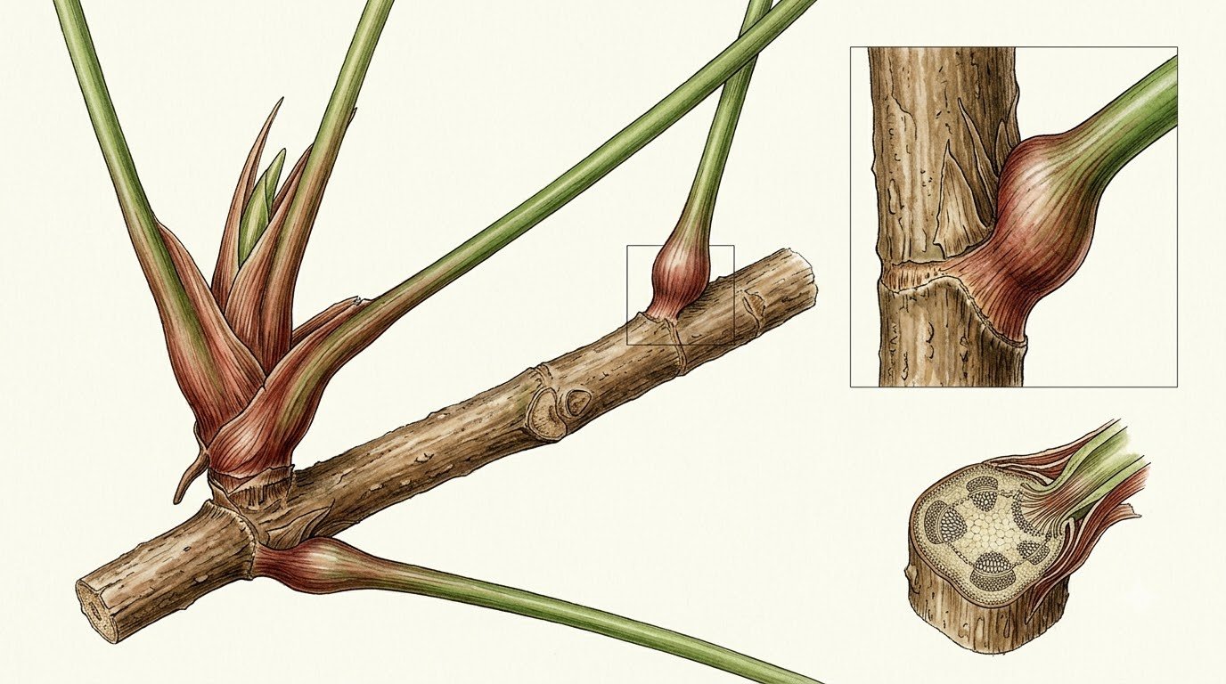 Botanical illustration showing the growth habit and stem structure of Anthurium baguense with inset details.