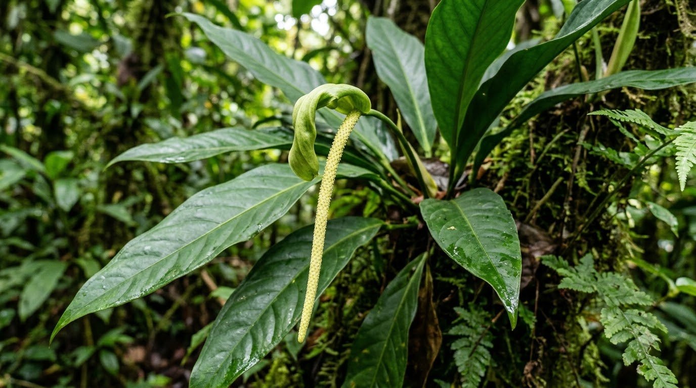 Anthurium baguense inflorescence with broad green leaves in a natural jungle habitat.