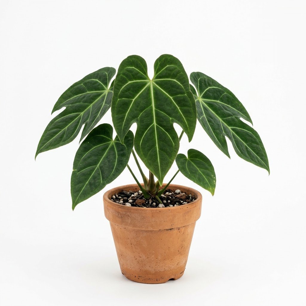 Anthurium baguense in a terracotta pot against a white background.