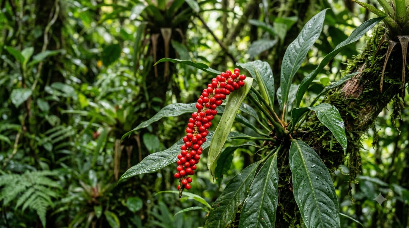Anthurium bakeri inflorescence hanging with bright red berries amidst lush green rainforest foliage.