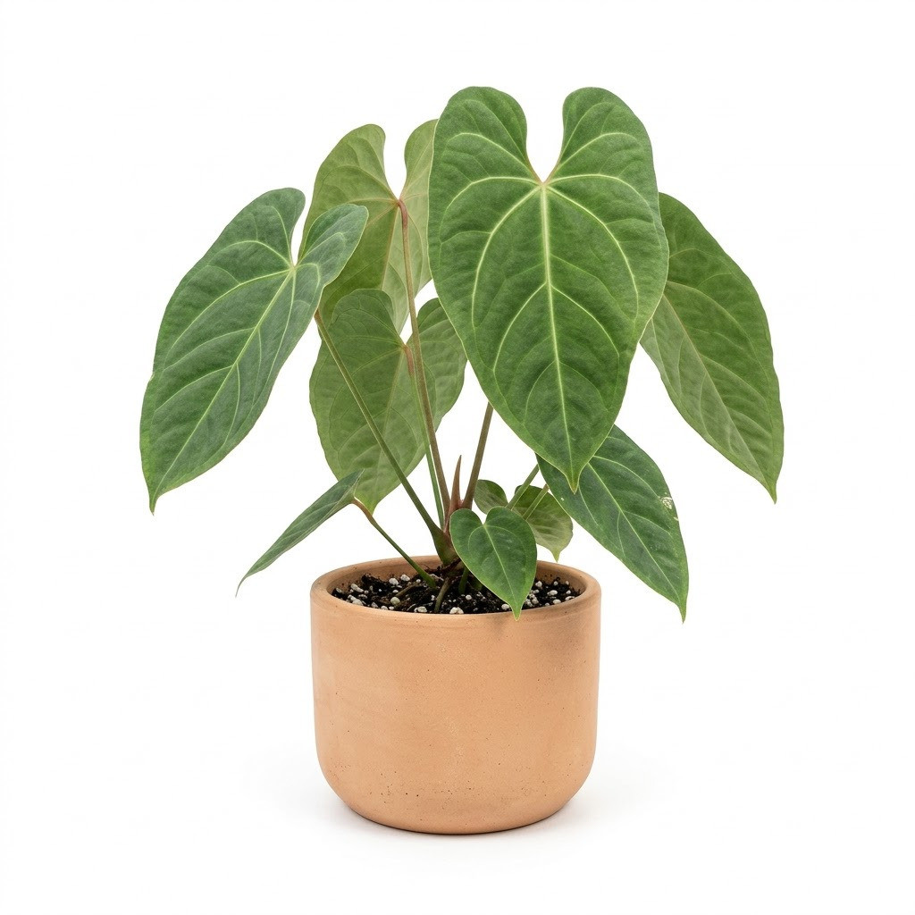 Anthurium balaoanum with large green leaves in a terracotta pot against a white background