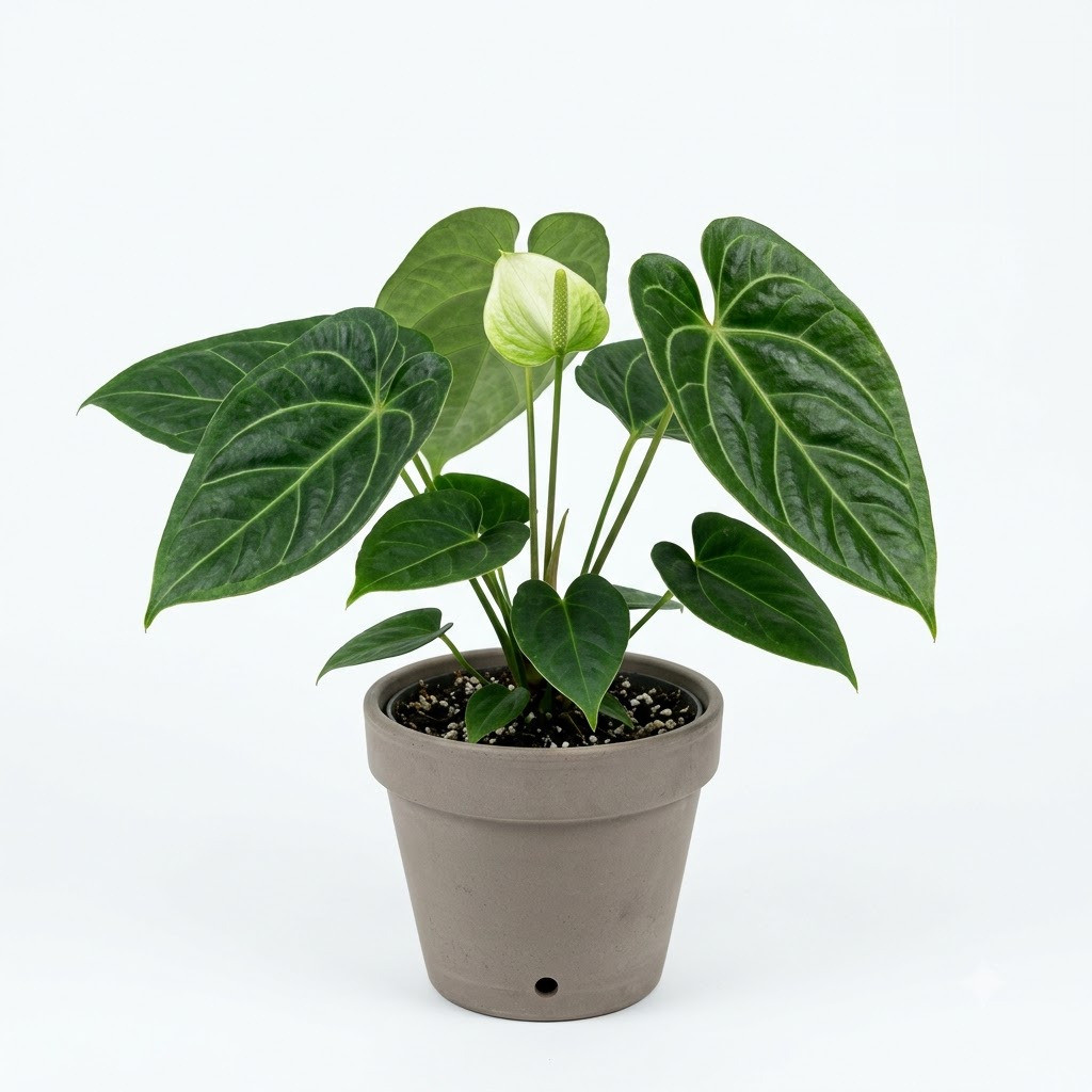 Anthurium baldinii in a grey pot featuring dark green textured leaves and a pale spathe with a spadix.