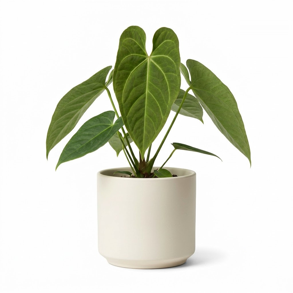 Anthurium balslevii with prominent veined green leaves in a light ceramic pot.