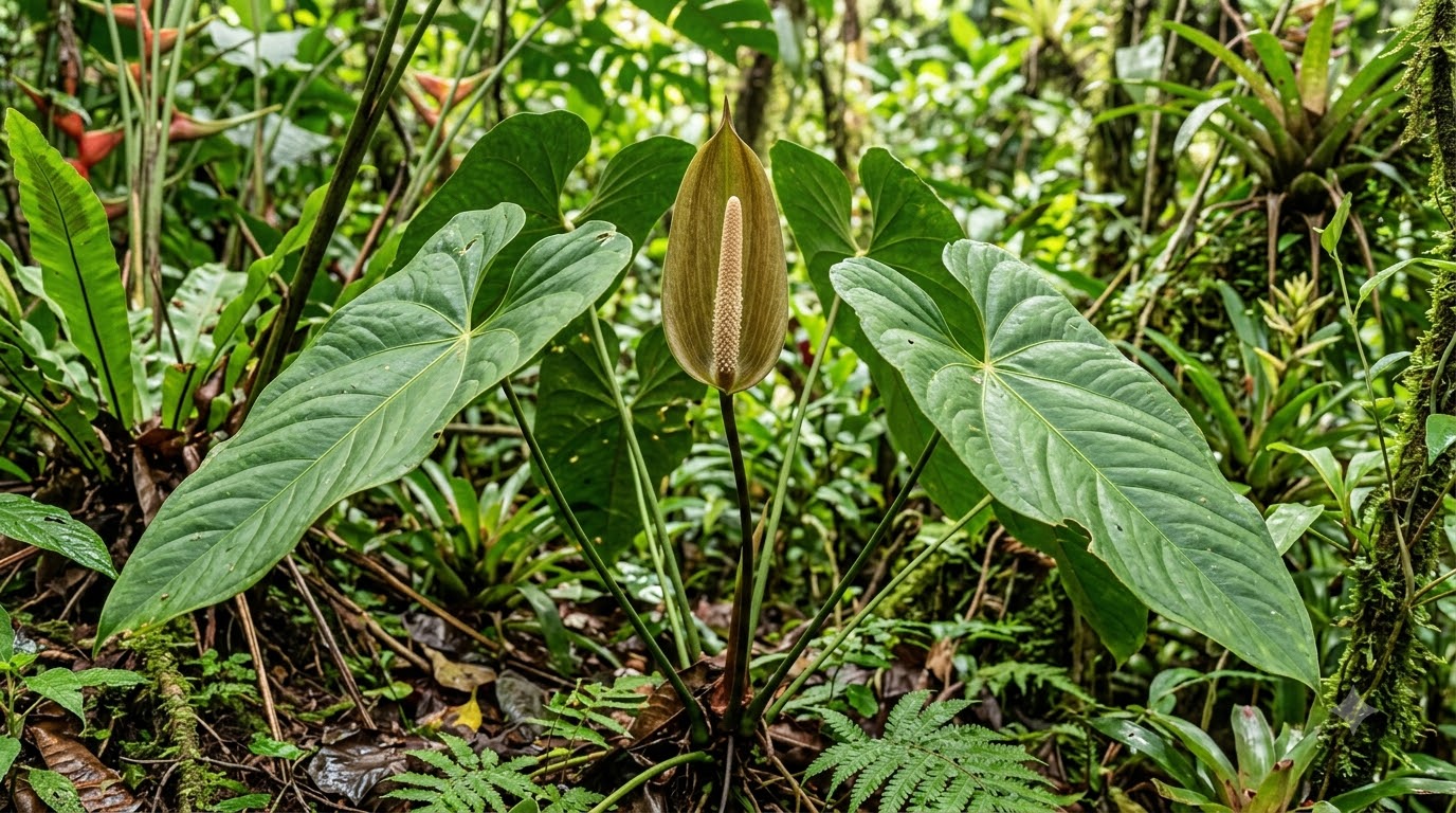 Anthurium banderasense inflorescence surrounded by large green leaves in a lush natural habitat.