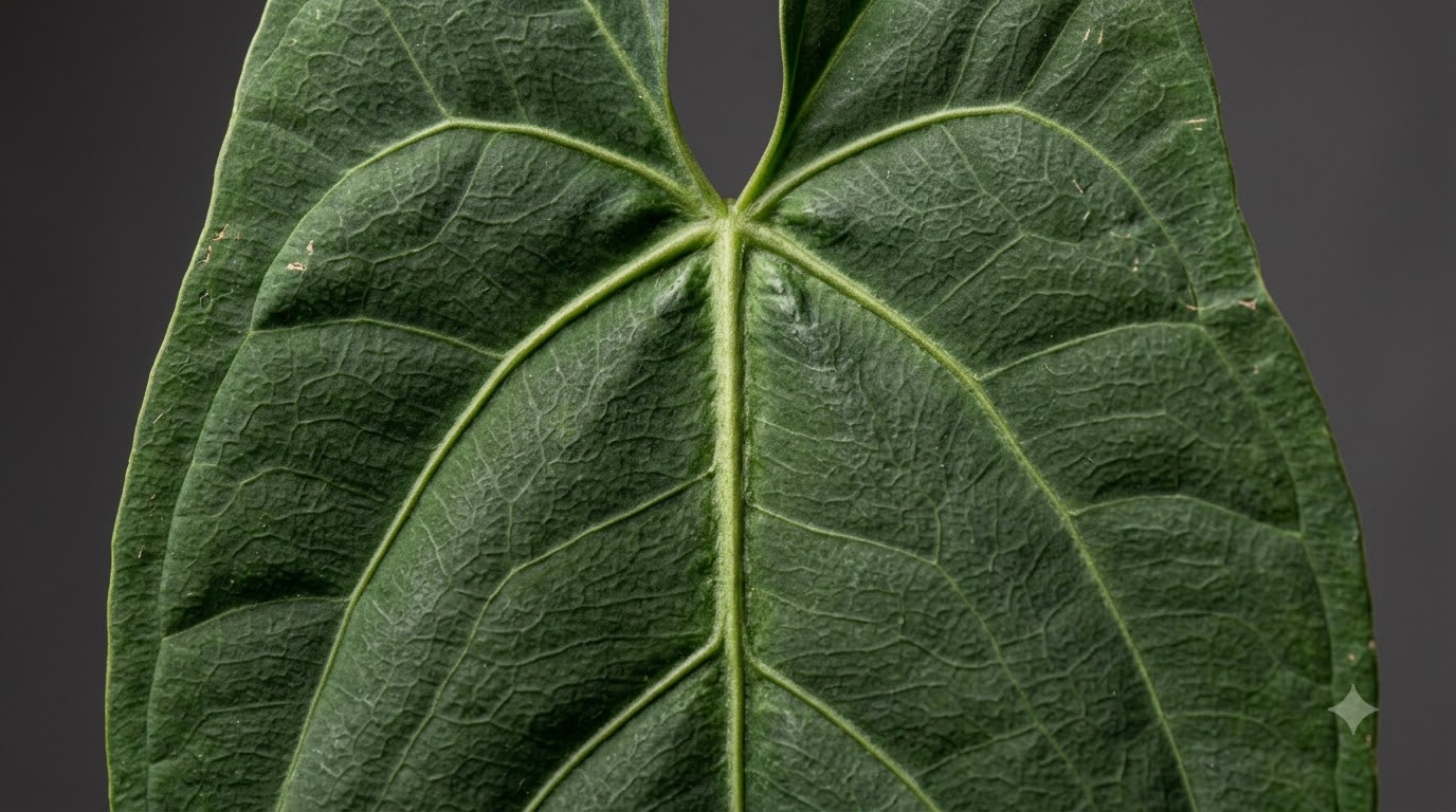 Close-up view of an Anthurium bantanum leaf, highlighting its textured green surface and prominent veins.
