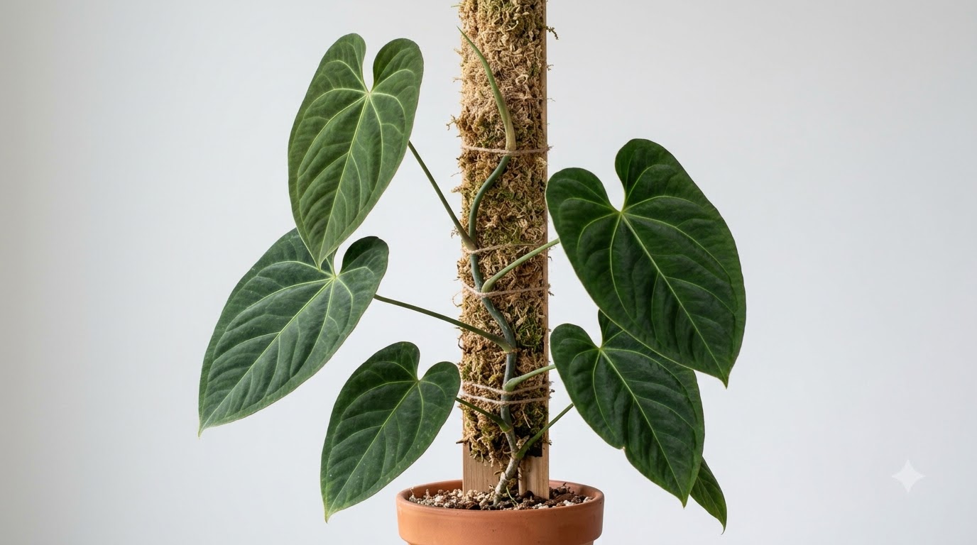 Anthurium barbacoasense growing upward and attached to a moss pole in a terracotta pot.