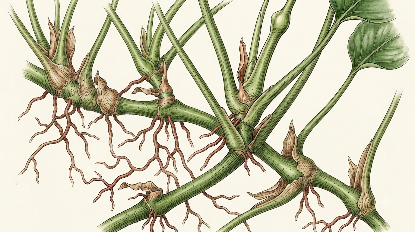 Botanical illustration showing Anthurium barbacoasense stems, nodes, and aerial roots.