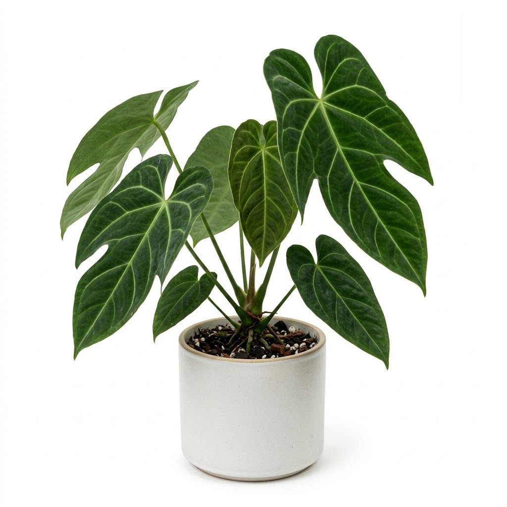 Anthurium beckii in a white ceramic pot against a white background.