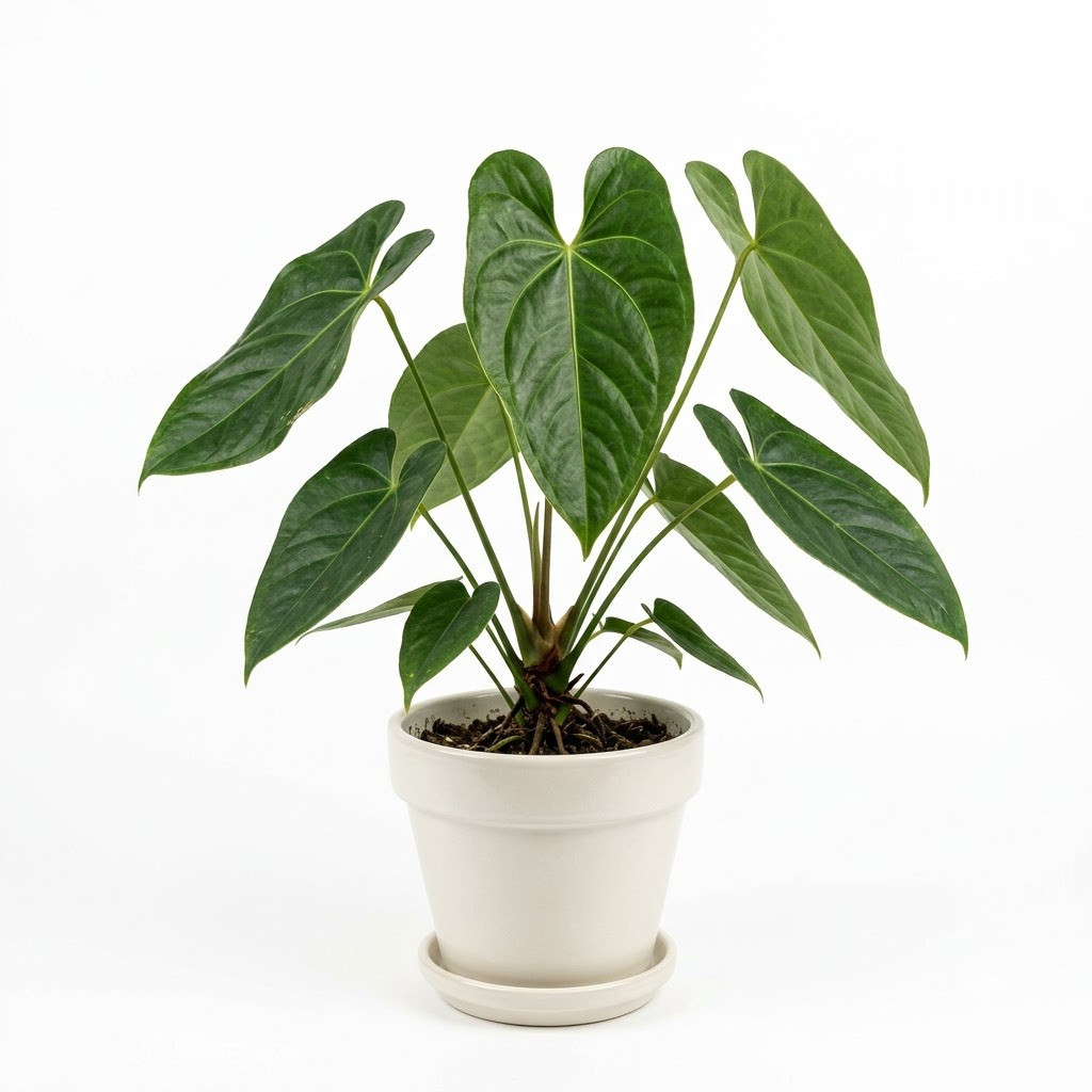 Potted Anthurium bellum with heart-shaped green leaves in a white pot against a white background.