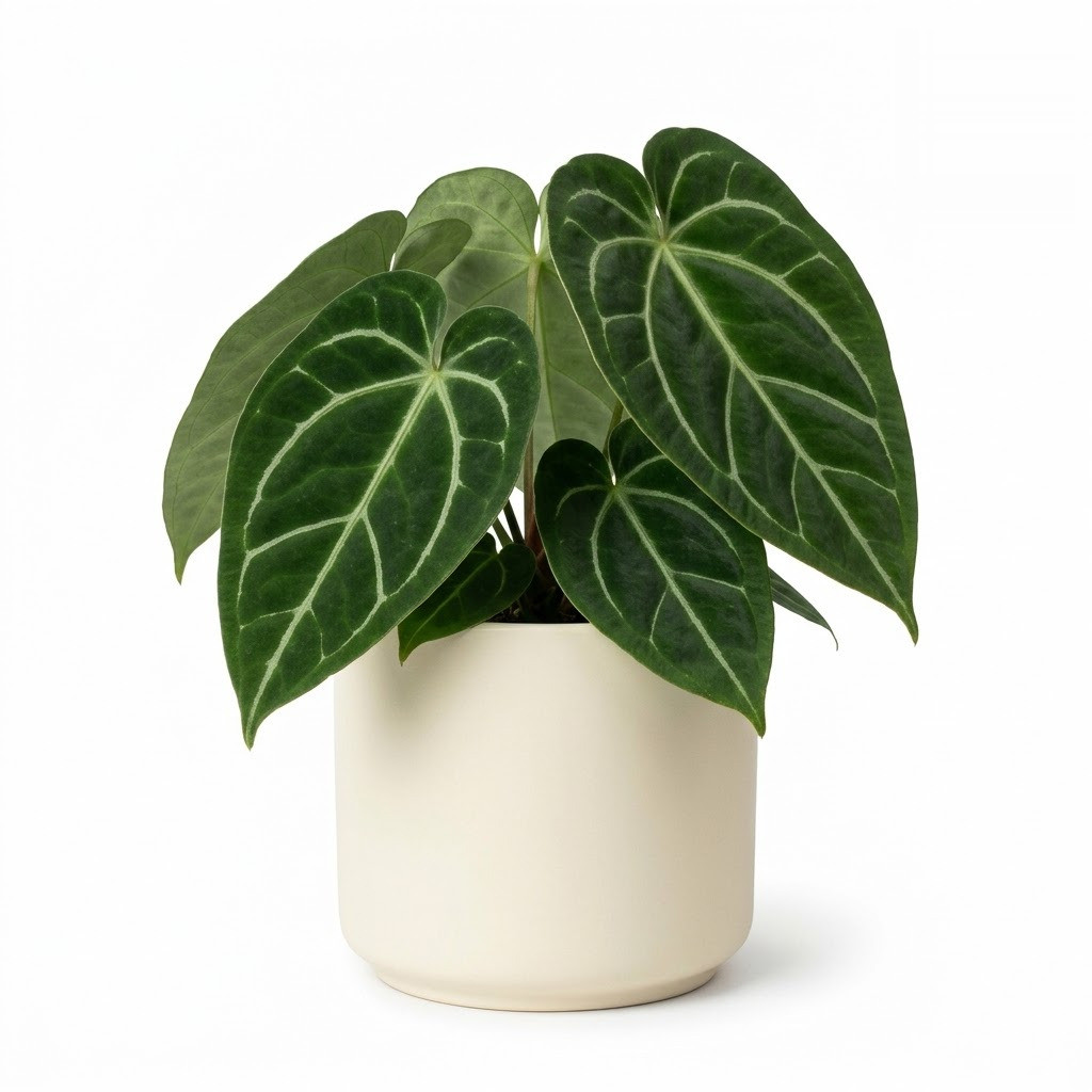Potted Anthurium bellum with velvety, dark green leaves and prominent pale veins in a cream pot against a white background.
