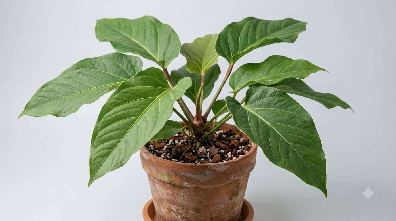 Anthurium benavidesiae with large green leaves planted in a terracotta pot against a light background.