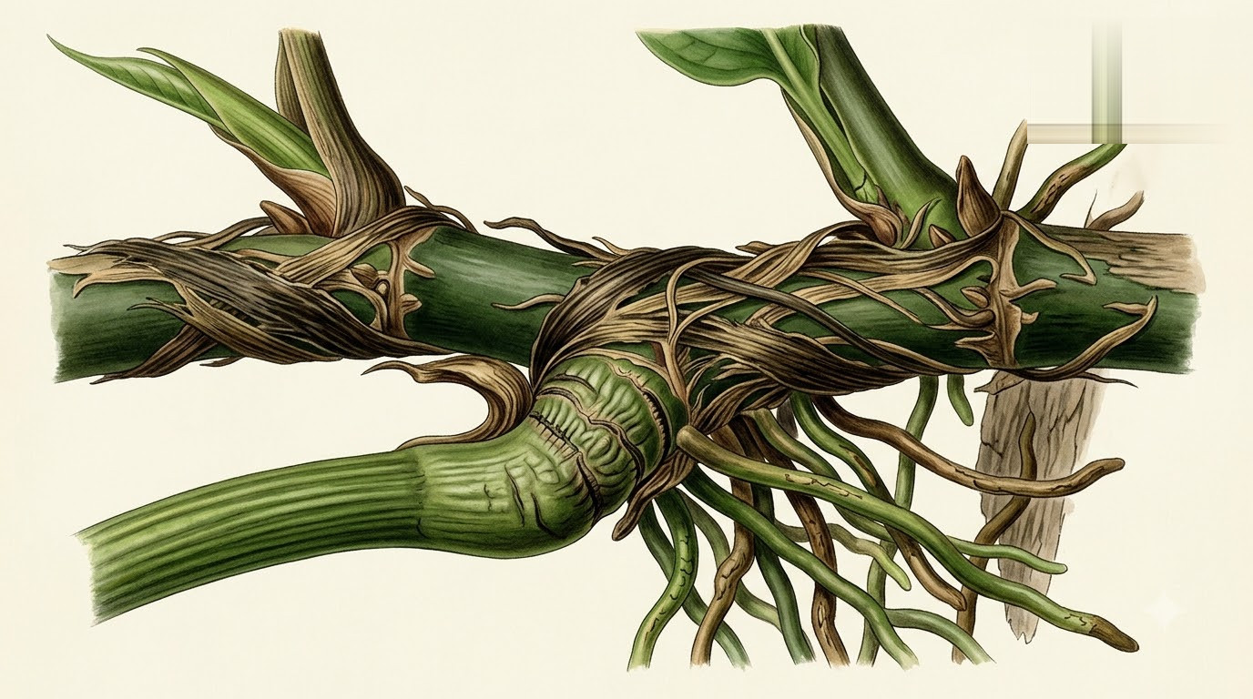 Botanical illustration of Anthurium benavidesiae showing stem nodes and roots.