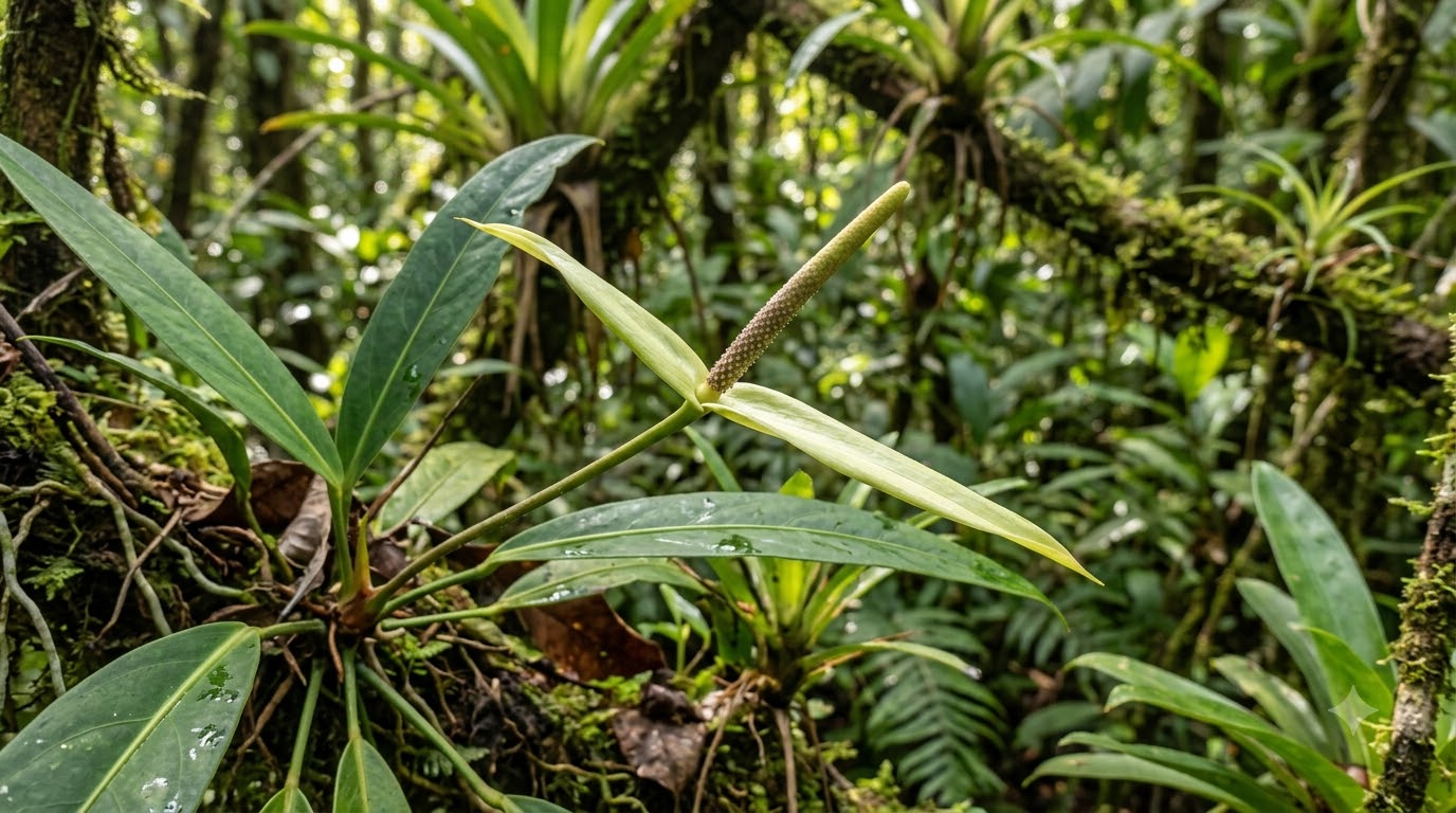 Anthurium benktsparrei inflorescence growing in a lush tropical forest.