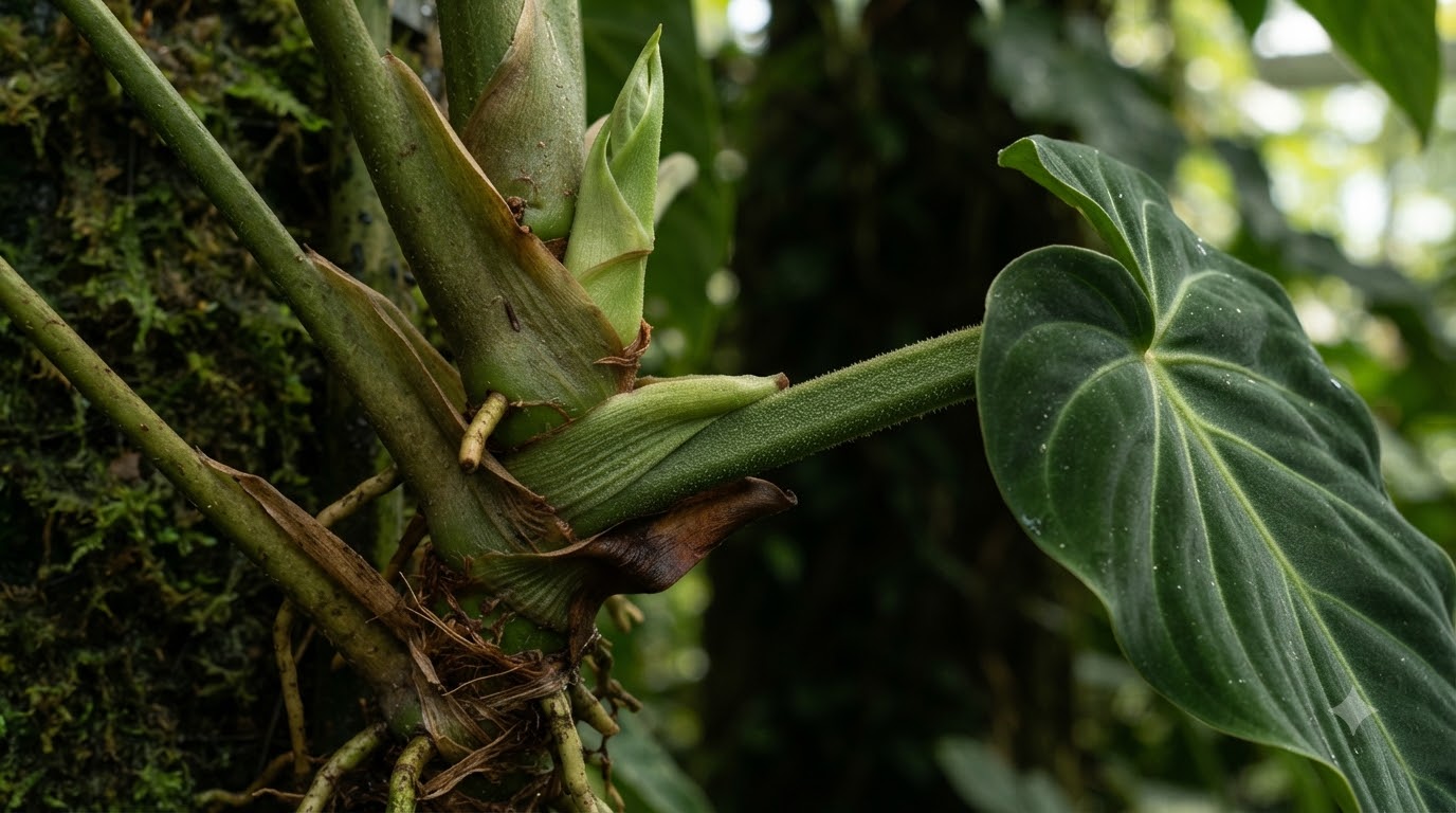 Close-up view of the leaf base and stem of an Anthurium benktsparrei plant, showing overlapping sheaths and a developing