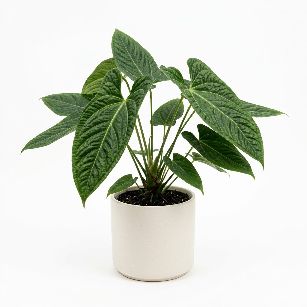 Anthurium bernardii with large, textured green leaves in a white pot against a plain background.