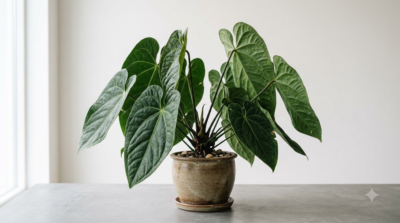 Anthurium bernardii with large, textured green leaves growing in a ceramic pot.