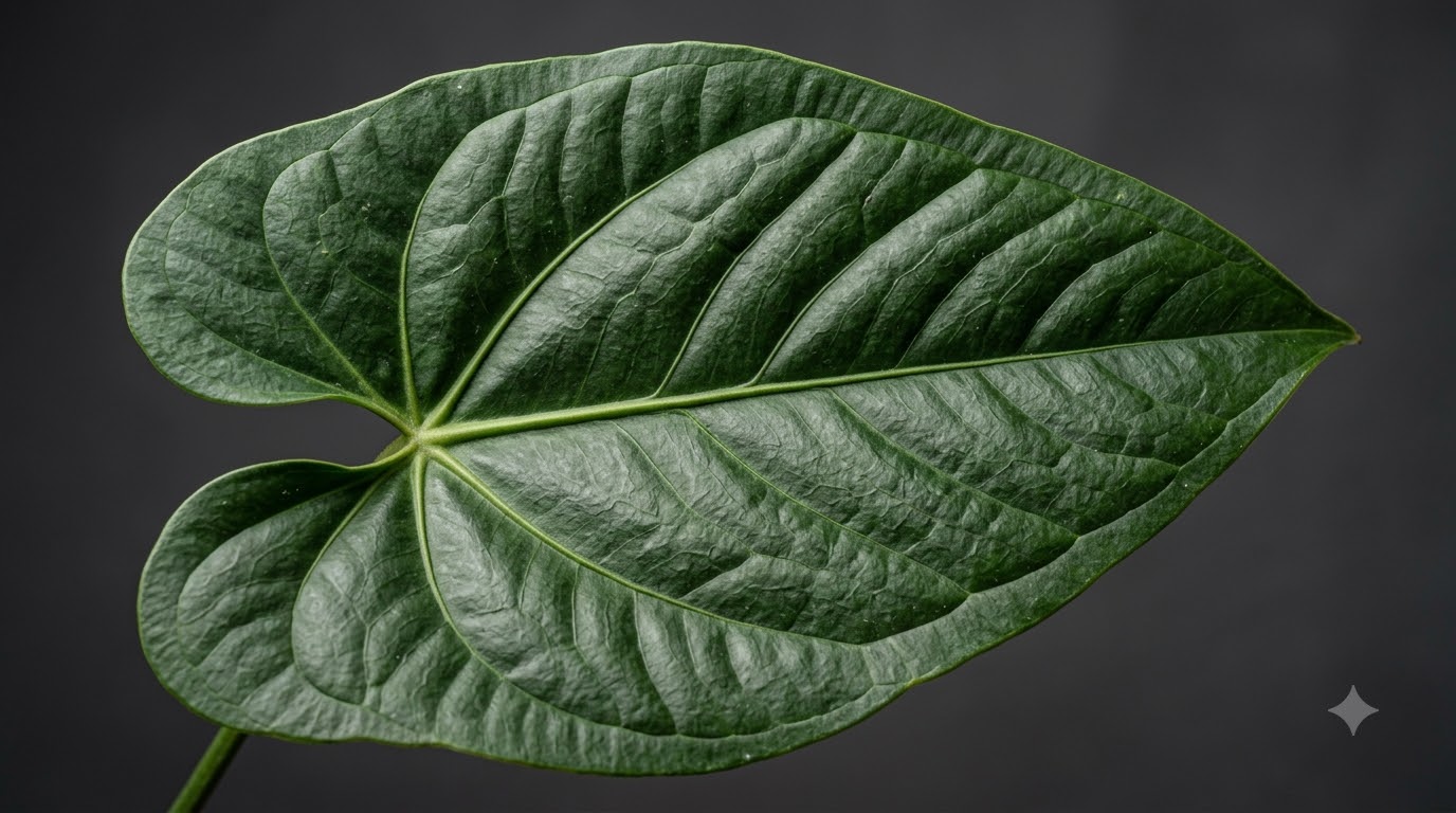 Close-up view of a dark green Anthurium bernardii leaf showcasing its prominent veins and textured surface.