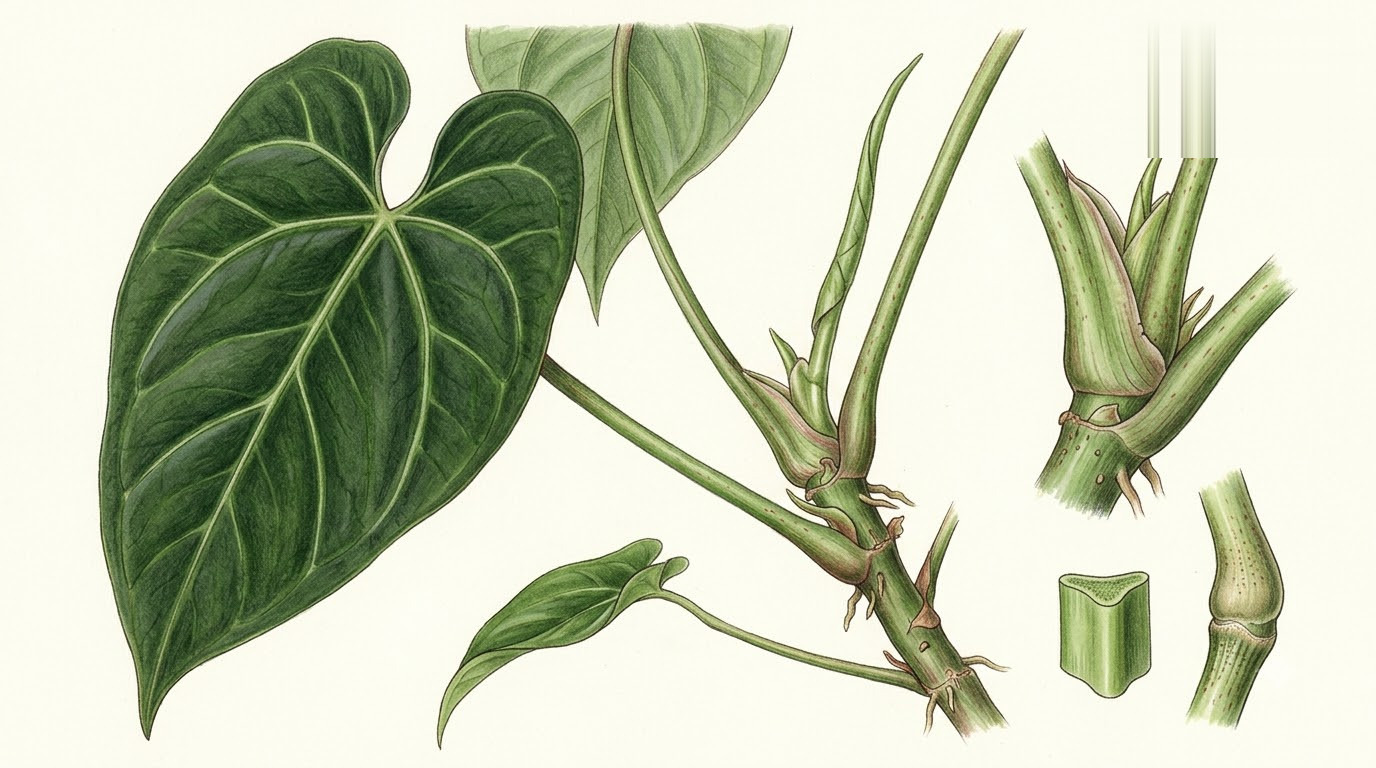 Botanical illustration of Anthurium besseae showing growth habit, leaf morphology, and stem details.
