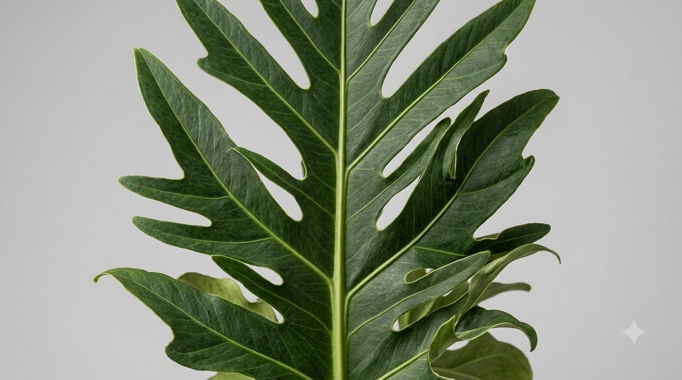 Close-up of a deeply lobed Anthurium bicordoense leaf against a light background.