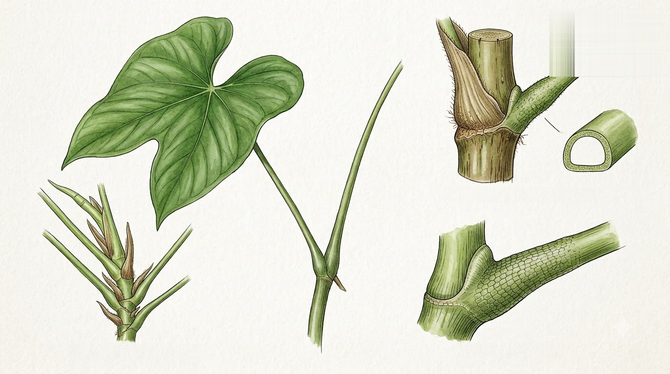 Botanical illustration of Anthurium bicordoense showing leaf, stem growth, nodes, and stem cross-section.