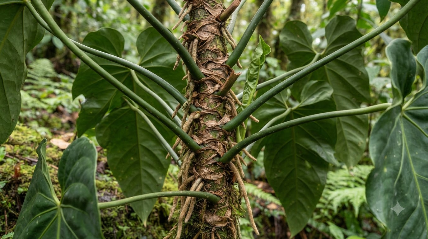 Anthurium birdseyanum growth habit, showing thick stems, aerial roots, and large leaves.