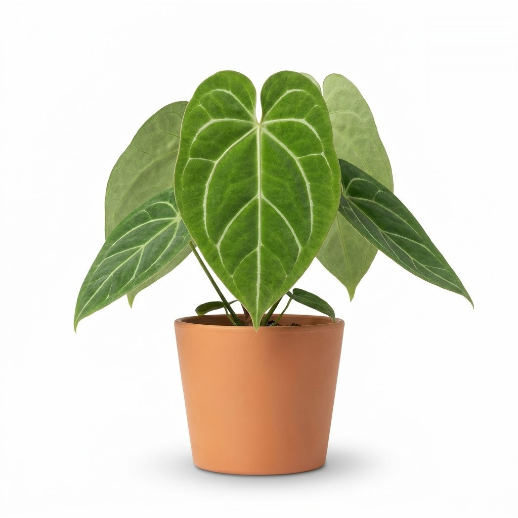 Anthurium bittneri potted in a terracotta pot against a white background.